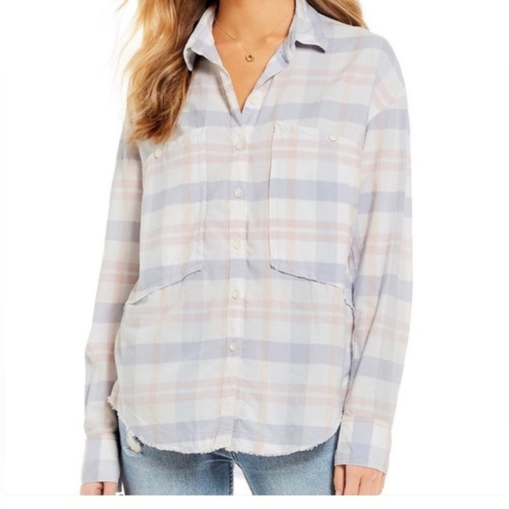 Free People Pastel Plaid Button-Down Shirt in Light Blue and Pale Pink